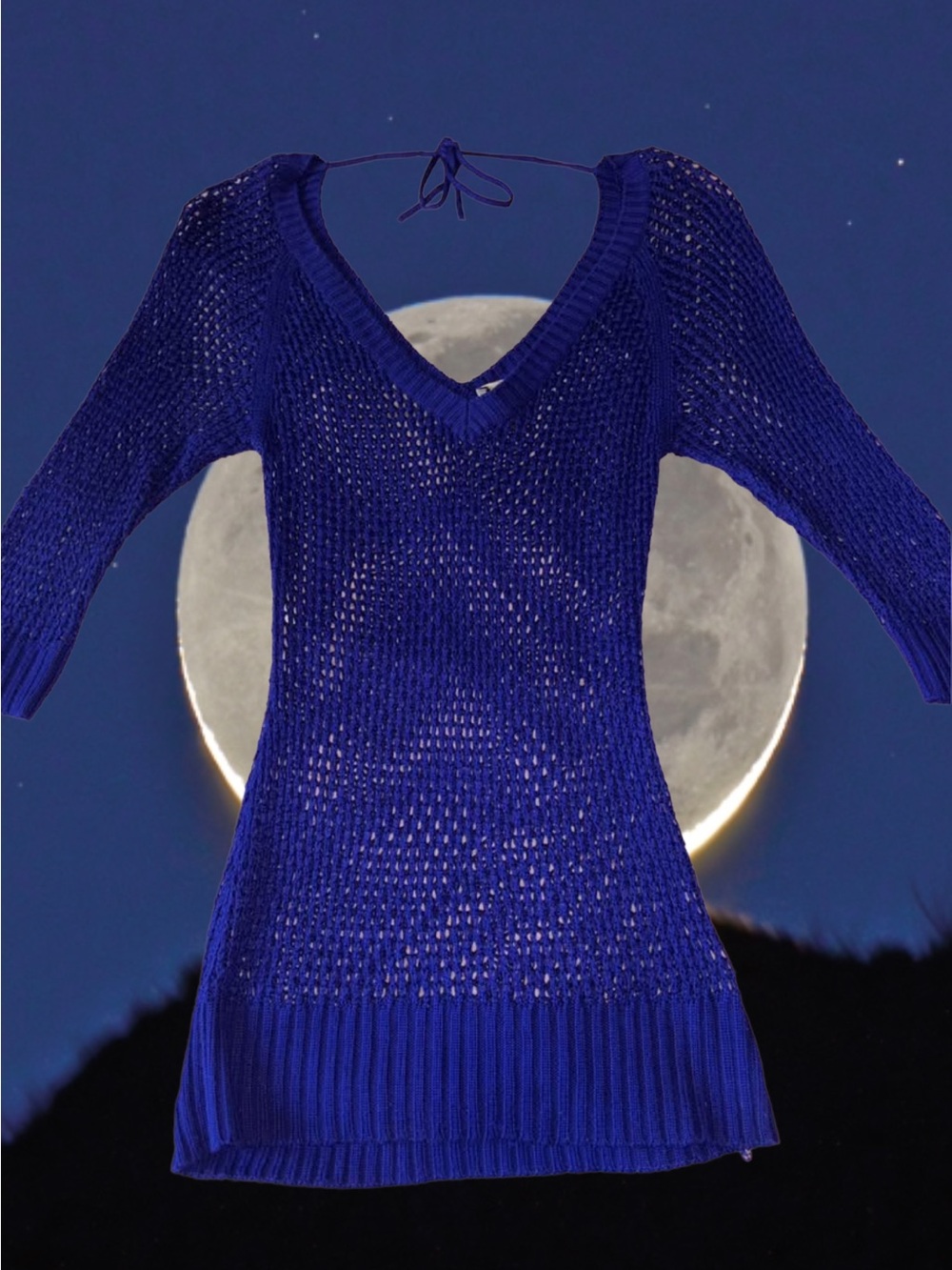 Dynamite Royal Blue Open-Knit V-Neck Sweater